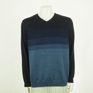 Calvin Klein V-Neck Pullover Sweater Mens XL Navy Blue Striped Merino Wool Blend